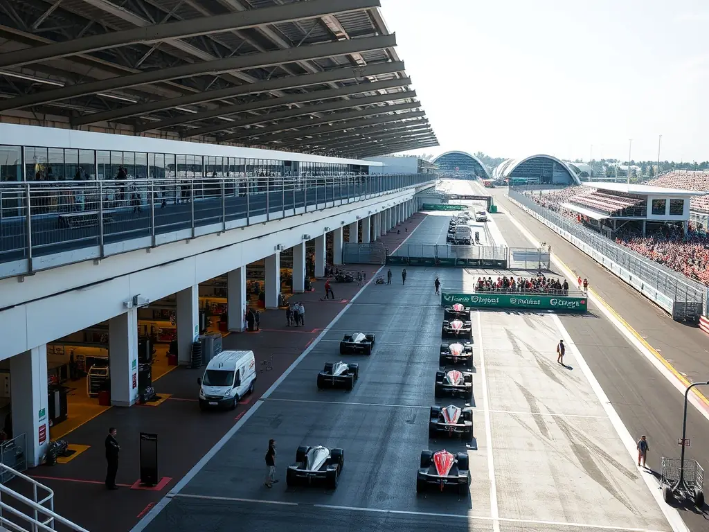 An image showcasing the amenities available at V V L ORGANISATION CIRCUIT 19, such as the paddock area, garages, viewing platforms, and hospitality suites. The image should convey a sense of comfort and convenience.