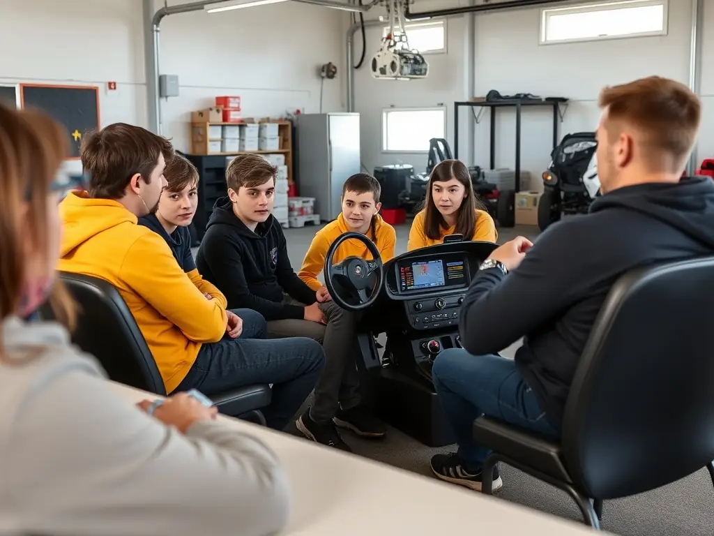 A group of students participating in a driving safety course at V V L ORGANISATION CIRCUIT 19, emphasizing the importance of responsible driving.
