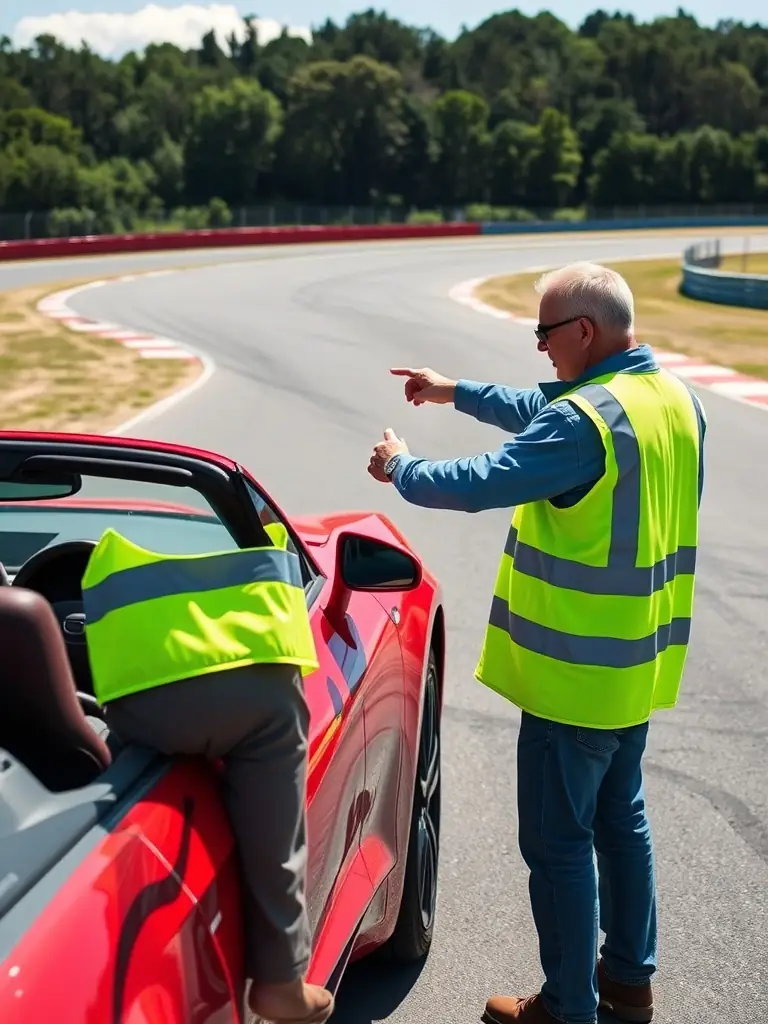 A high-speed driving course at Circuit 19, featuring a professional instructor guiding a participant in a sports car, demonstrating proper racing lines and braking techniques.