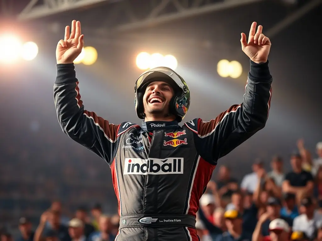 A driver celebrating a victory on the podium at a V V L ORGANISATION CIRCUIT 19 event, capturing the exhilaration and sense of accomplishment.