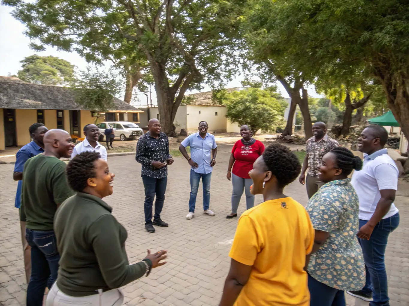 A group of diverse individuals laughing and interacting at a V V L ORGANISATION CIRCUIT 19 event, highlighting the sense of community and camaraderie.
