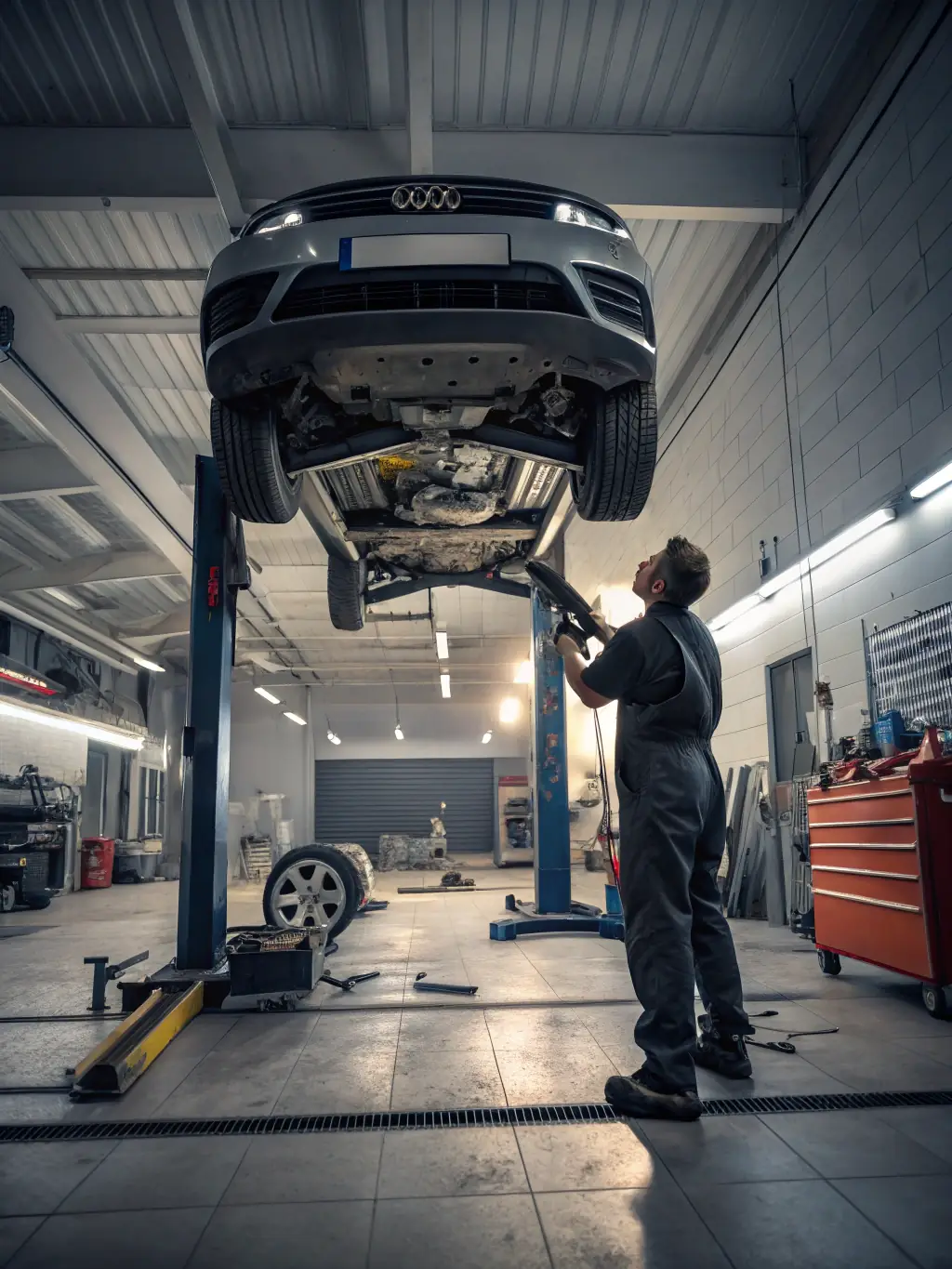 A workshop session at Circuit 19, where participants are learning about vehicle maintenance and repair from a qualified mechanic, with various tools and car parts visible.