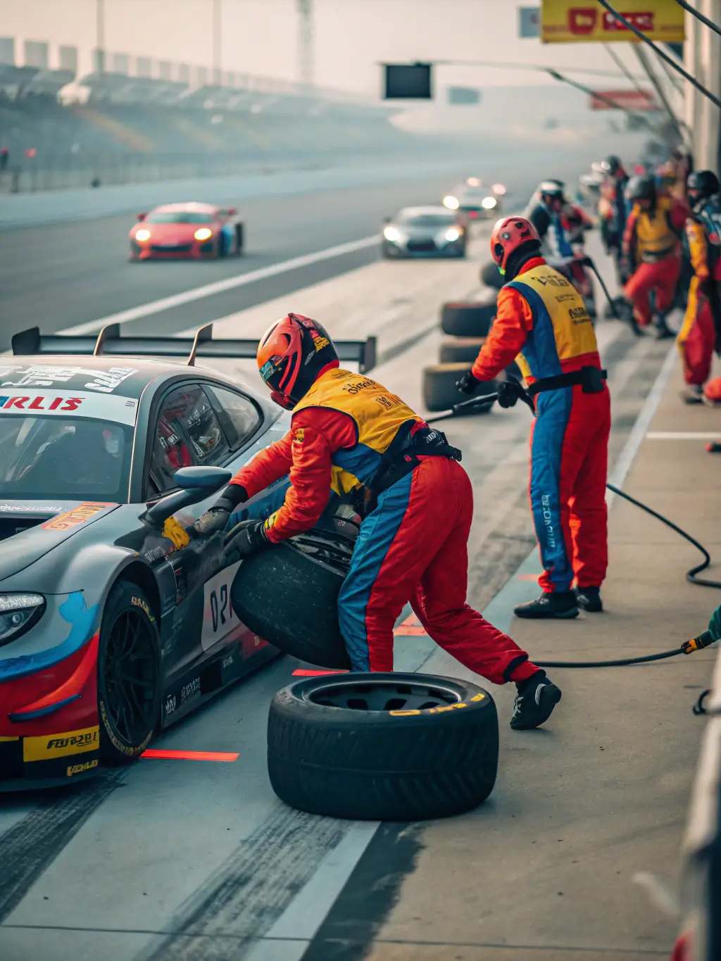 A photo of a professional racing team working in the pit lane at V V L ORGANISATION CIRCUIT 19, highlighting the organized and efficient environment.