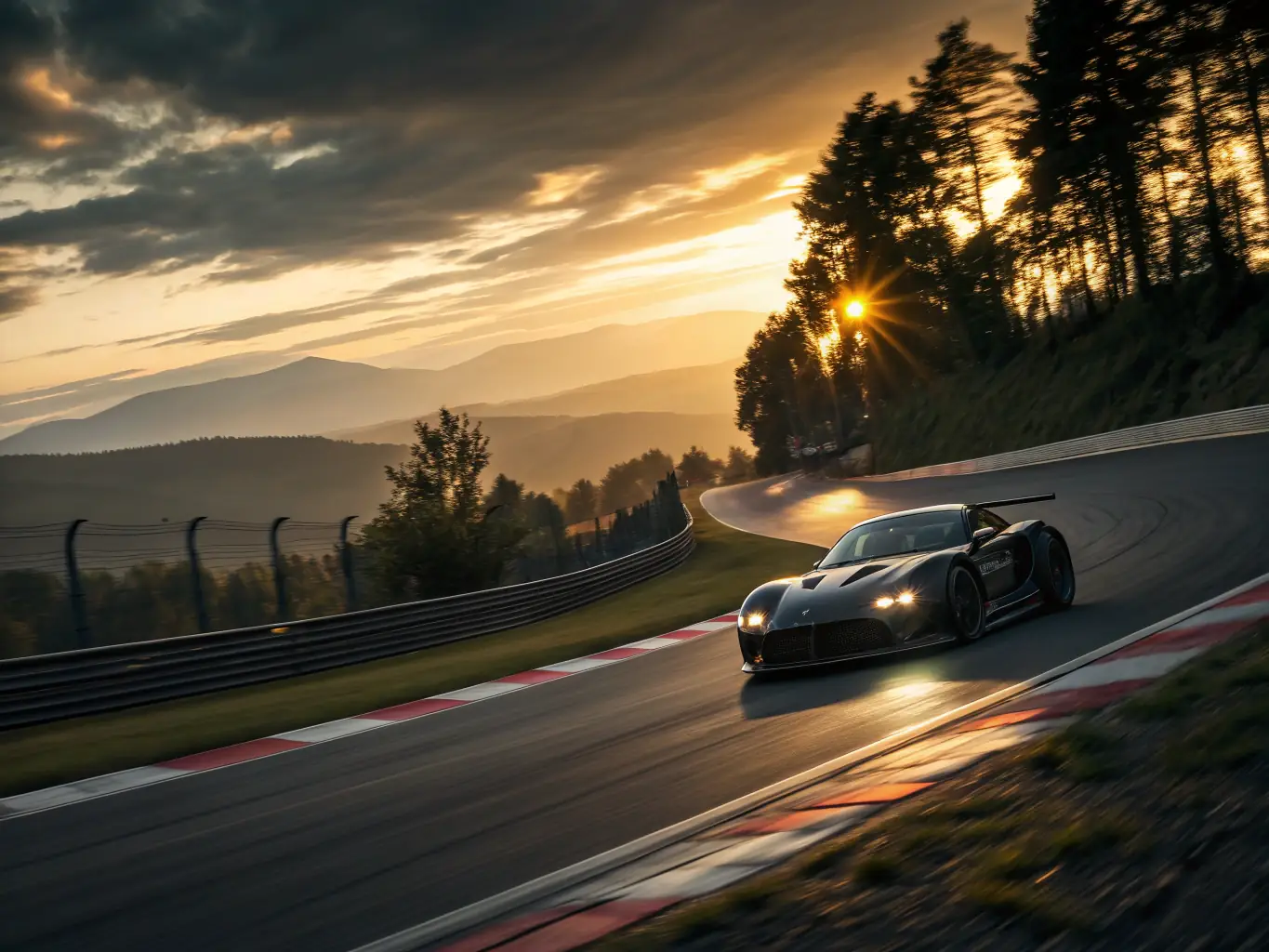 A high-speed car racing on the V V L ORGANISATION CIRCUIT 19 track, showcasing the thrill and safety of the racing environment.
