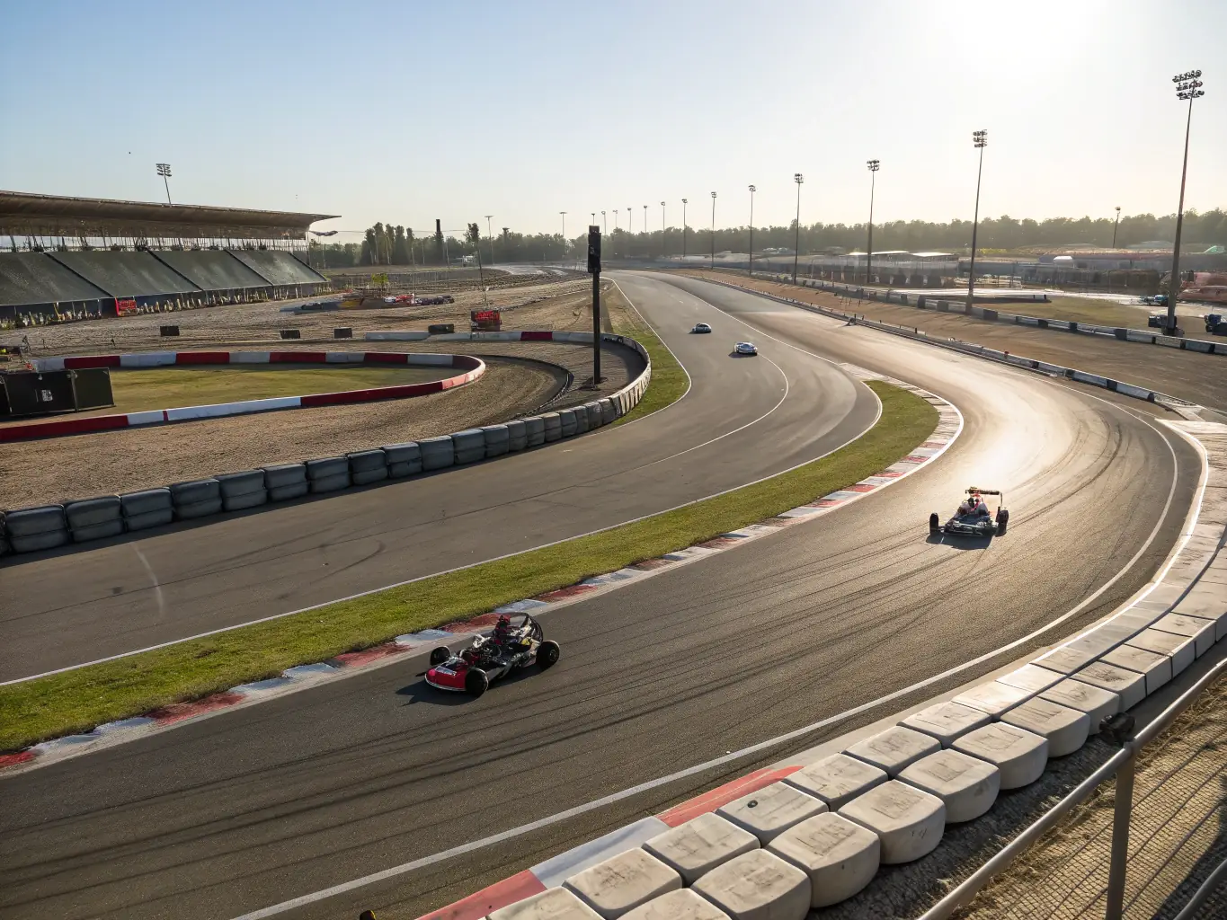 A high-angle, wide shot of the V V L ORGANISATION CIRCUIT 19 track, showcasing its challenging curves, straightaways, and overall layout. The image should emphasize the smooth asphalt and professional track markings.